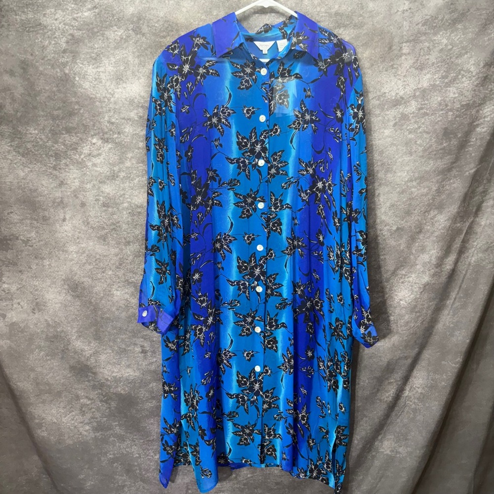Dorman Fashion 100% Silk Sheer Blue Floral Midi Shirt Dress Tunic Size XL